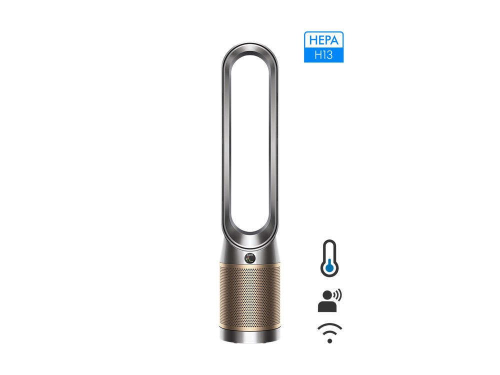 白背景の Dyson Purifier Cool Formaldehyde TP09（ニッケル／ゴールド）。細長い円環の送風口を持つタワー型で、下部の金色メッシュがフィルター部