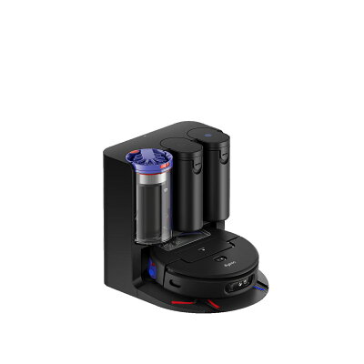 Dyson Spot+Scrub Ai ロボット掃除機(RB05)の本体を、ゴミ収集と給水・汚水タンクを備えたドックに載せた様子(楽天市場 Dyson公式楽天市場店 の商品画像)