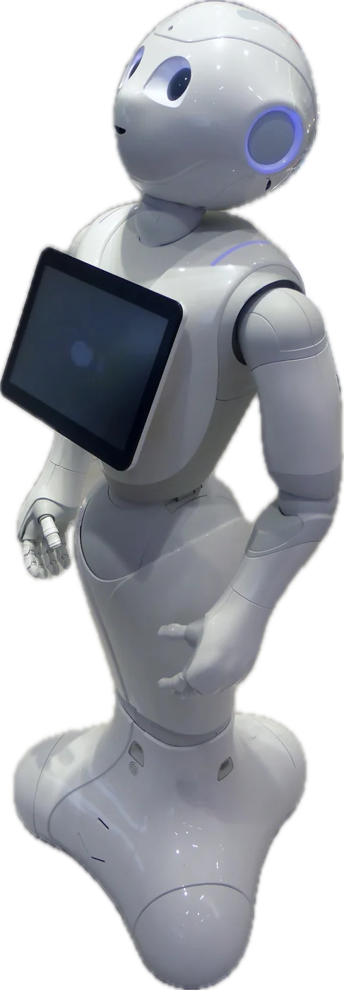 Pepper。胸にタブレットを付けた白い人型ロボット