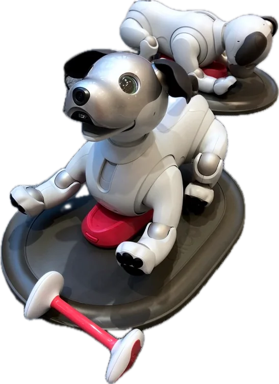 aibo（ERS-1000）。充電台の上に座る白い犬型ロボット