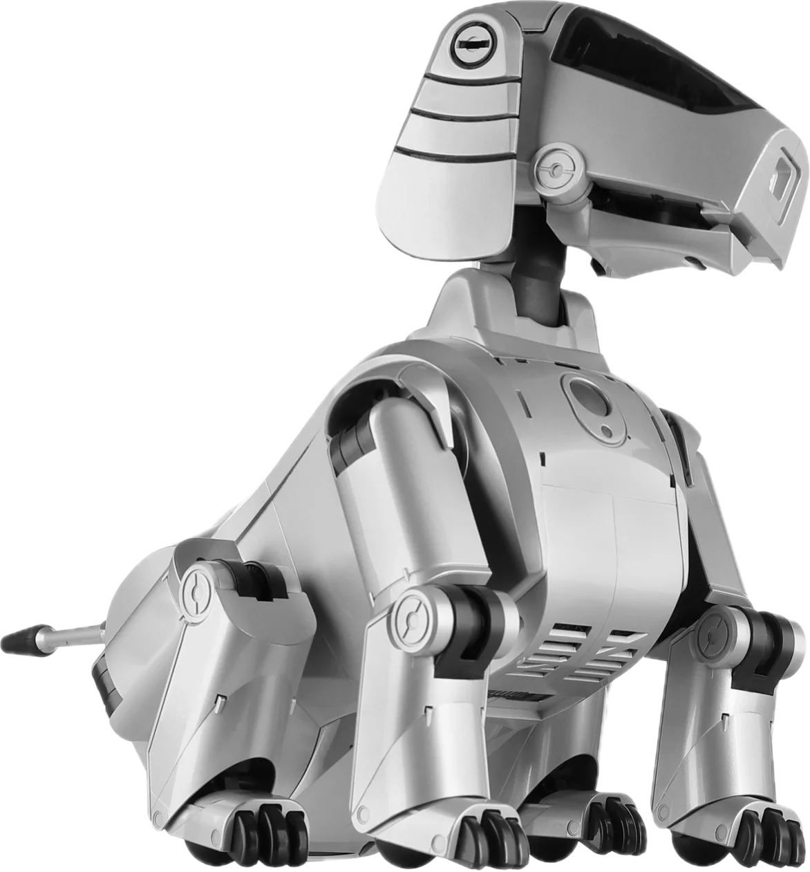 AIBO（ERS-110）。銀色の外装を持つ初代の犬型ロボット