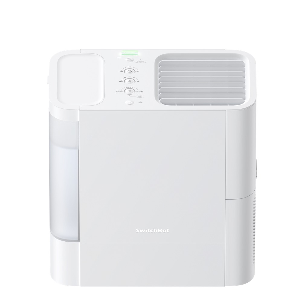 SwitchBot 気化式加湿器 Plus の本体を斜め前から見たところ。上面に操作パネル、右側に送風グリル