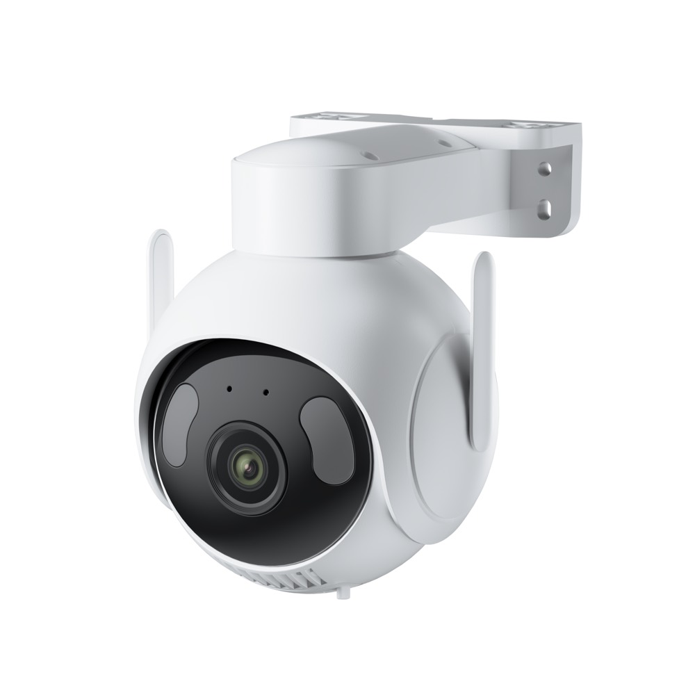 SwitchBot 屋外パンチルトカメラ5MP を斜め前から見た本体と取付金具
