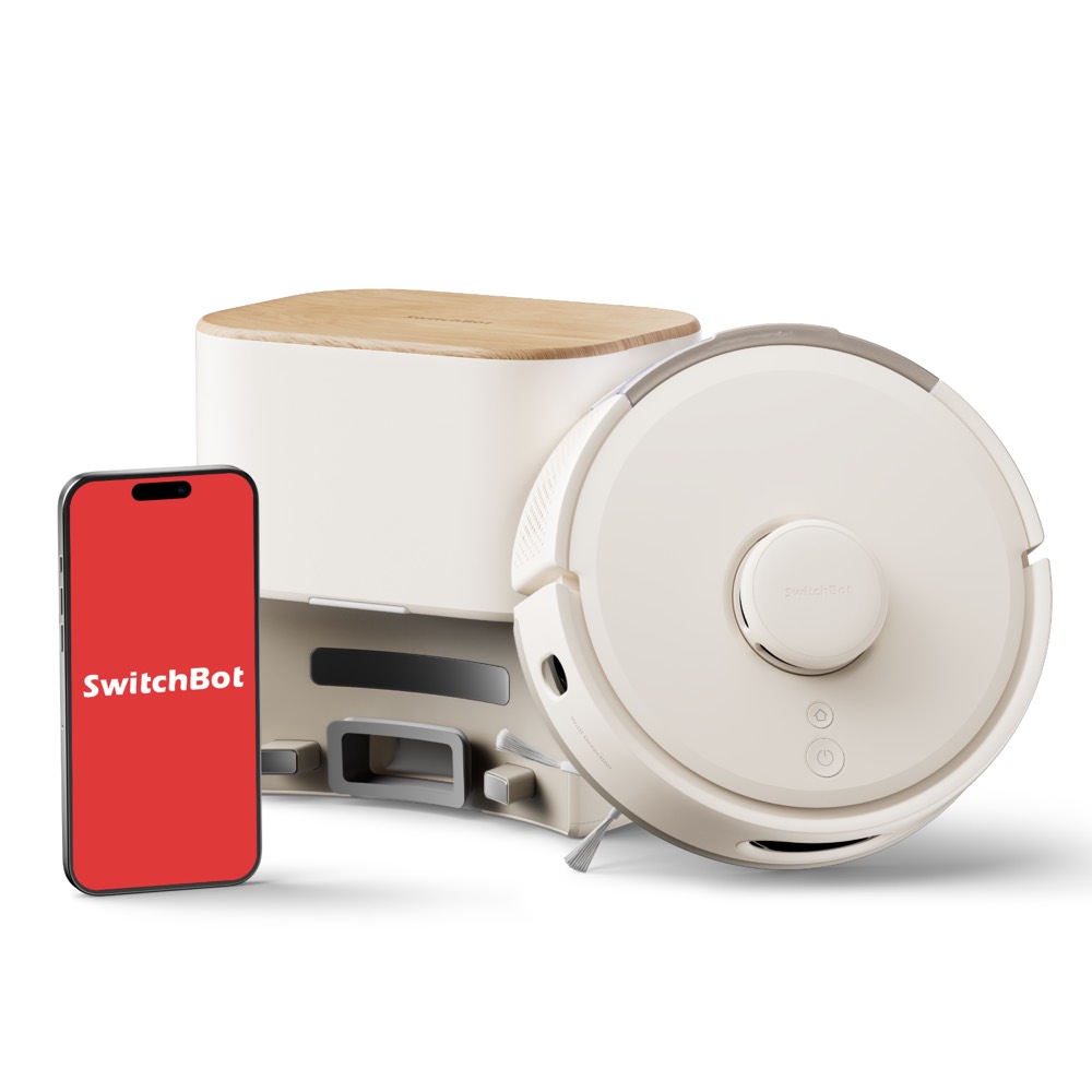 SwitchBot ロボット掃除機 K11+ Pro の本体とステーション、スマートフォン