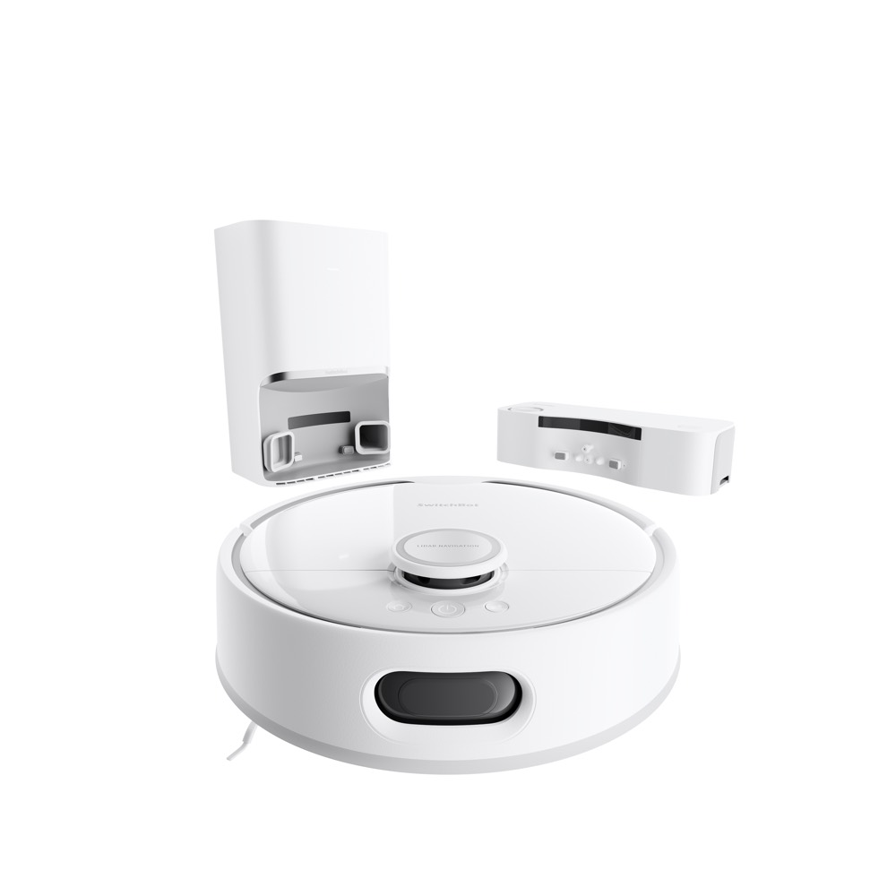 SwitchBot お掃除ロボットS10 の本体と、背の高い集塵・給水ステーション、薄型の水交換ステーション