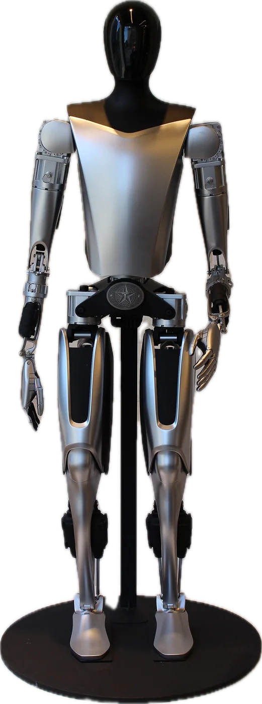 Tesla Optimus。銀と黒の外装で直立する人型ロボット