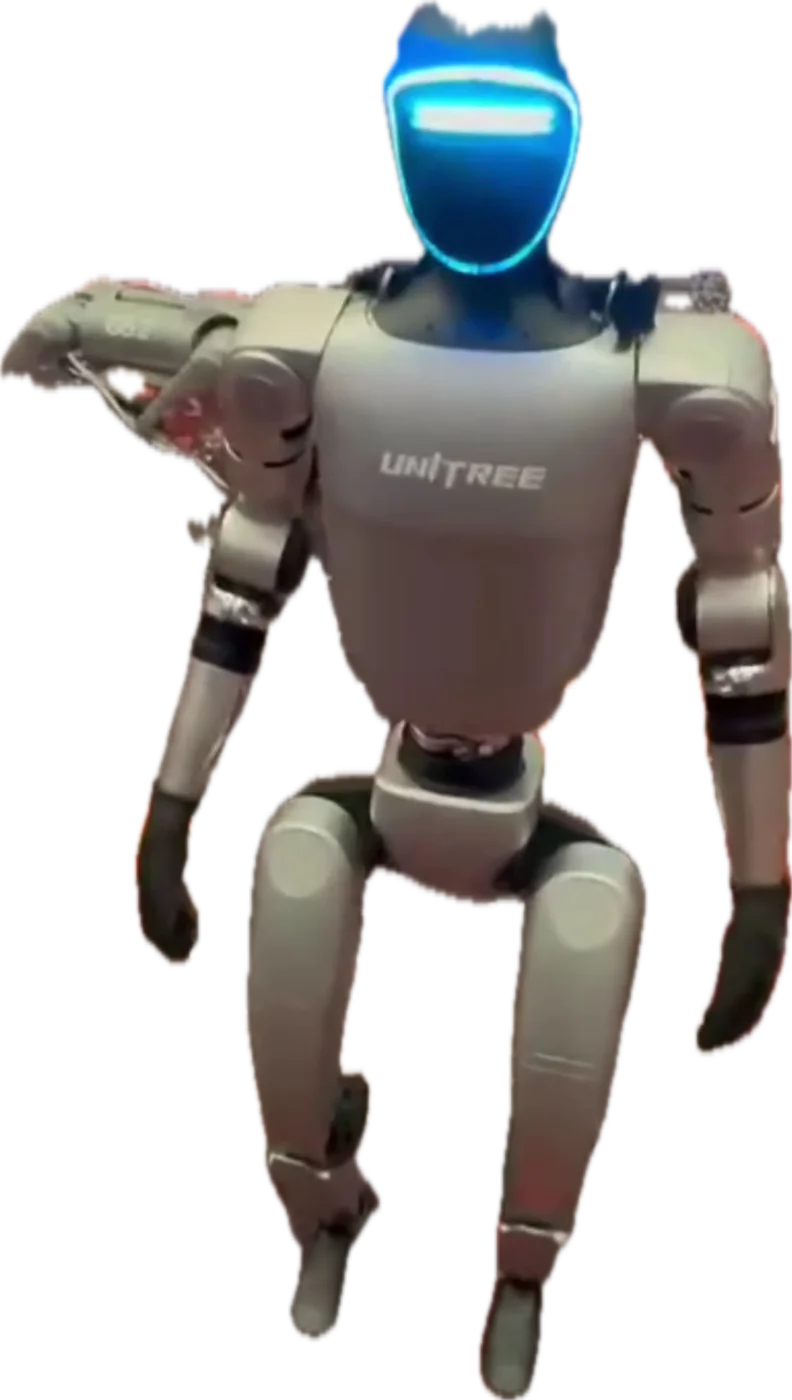 Unitree G1。頭部が青く光る小柄な二足歩行ヒューマノイド