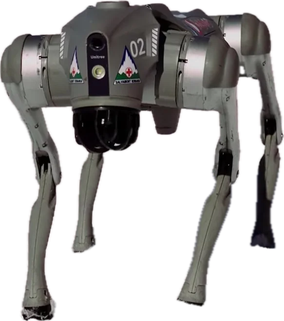 Unitree Go2。灰色の四足歩行ロボットを正面から見たところ